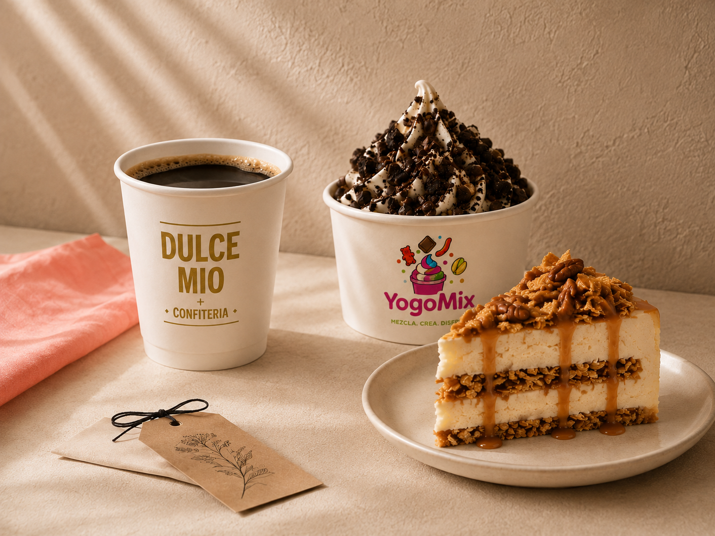 Café Dulce Mio, helado YogoMix de chocolate y una rebanada de pastel de vainilla, caramelo y nuez